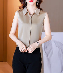 Beige Sleeveless Silk Shirt