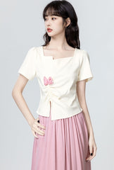 Beige Square Neck Ruched Waist Short Sleeve Top