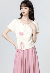 Beige Square Neck Ruched Waist Short Sleeve Top