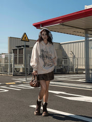 Beige Statement Print Vintage Hoodie