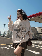 Beige Statement Print Vintage Hoodie