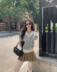 Beige Striped Collared Sweater