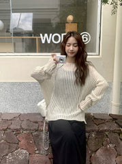 Beige Stripes See-Through Sweater And Dress Set