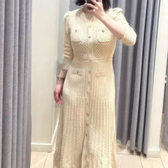 Beige Textured Long Sleeves Knitted Dress