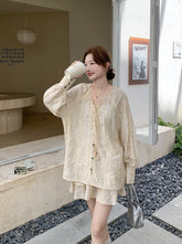 Beige Tie Dye Embroidered Shirt And Skirt Set