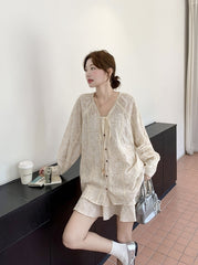 Beige Tie Dye Embroidered Shirt And Skirt Set