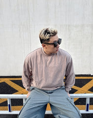 Beige Vintage-Wash Drop-Shoulder Sweatshirt