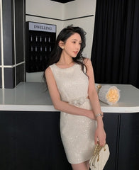 Beige Waist Cut-Out Sparkly Dress