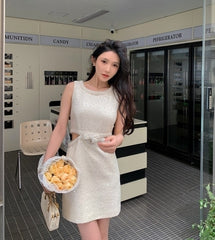 Beige Waist Cut-Out Sparkly Dress