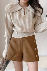 Beige Wide Collared Sweater With Zipper