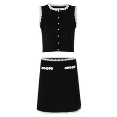 Black And White Flowers Lining Top And Skirt Set