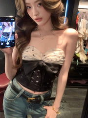 Black And White Polka Dots Bow Bustier Tube Top