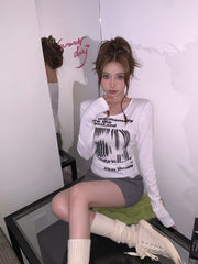 White Distorted Text Long Sleeves T-Shirt