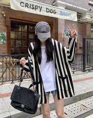 Black And White Stripes Hooded Cardigan