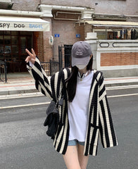 Black And White Stripes Hooded Cardigan