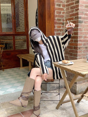 Black And White Stripes Hooded Cardigan