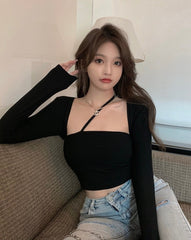 Black Asymmetric Strap Long Sleeve Top