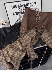 Black Asymmetrical Plaid Faux Leather Skirt