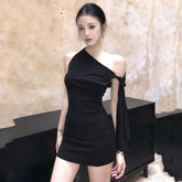 Black Asymmetrical Shoulder Bodycon Dress
