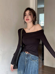 Black Asymmetrical Wrap Off-Shoulder Top