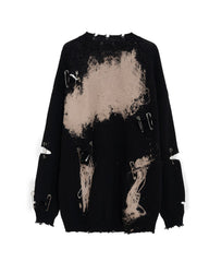Black Bleached Tie-Dye Sweater with Pin Accents
