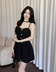 Black Bustier A-Line Dress With Gold Buttons