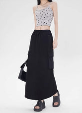 Black Cargo-Style Midi Skirt