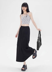 Black Cargo-Style Midi Skirt
