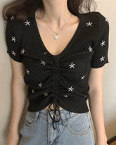 Black Floral Embroidery Drawstring Top