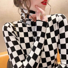 Black Checkered Pattern Turtleneck Sweater