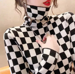 Black Checkered Pattern Turtleneck Sweater