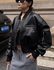 Black Chunky Faux Leather Short Biker Jacket