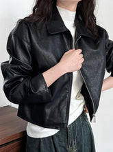 Black Classic Collared Faux Leather Jacket
