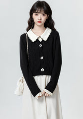 Black Contrast Collar Knit Cardigan Sweater