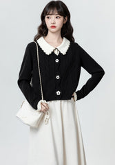 Black Contrast Collar Knit Cardigan Sweater