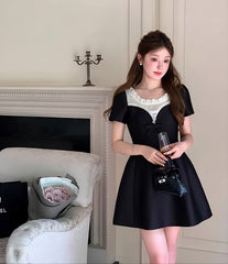 Black Contrasting Puff Sleeves Lace Dress