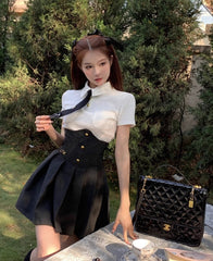 Black Corset Style Pleated Skirt
