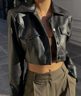 Black Button-Down Cropped Faux Leather Jacket