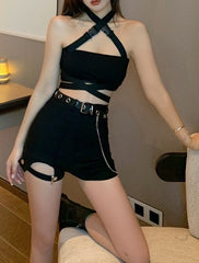 Black Cross-Straps Halter Crop Top