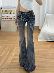Navy Distressed Belt Detail Flare Jeans