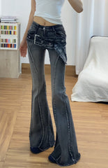 Navy Distressed Belt Detail Flare Jeans