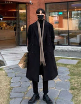 Black Double-Breasted Woolen Long Coat