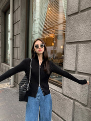 Black Double Zip Ribbed Cardigan