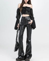 Black Faux Leather Flared Pants