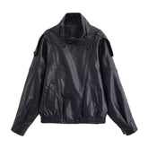 Black Faux Leather Stand Collar Jacket