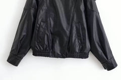 Black Faux Leather Stand Collar Jacket
