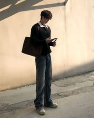 Black Faux Two-Piece Polo Sweater
