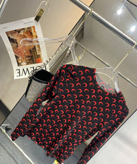 Black Fitted Top With Red Moon Pattern