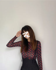 Black Fitted Top With Red Moon Pattern