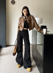 Black Flared Cargo Pockets Pants